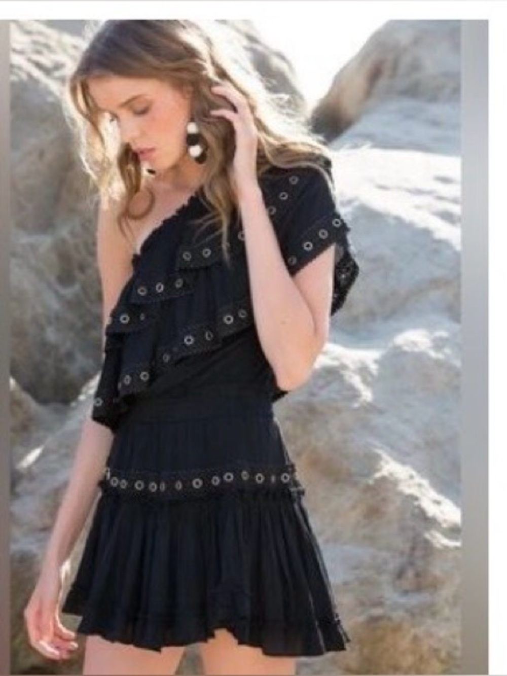 Misa Los Angeles Black One-Shoulder Ruffle Eyelet Dress